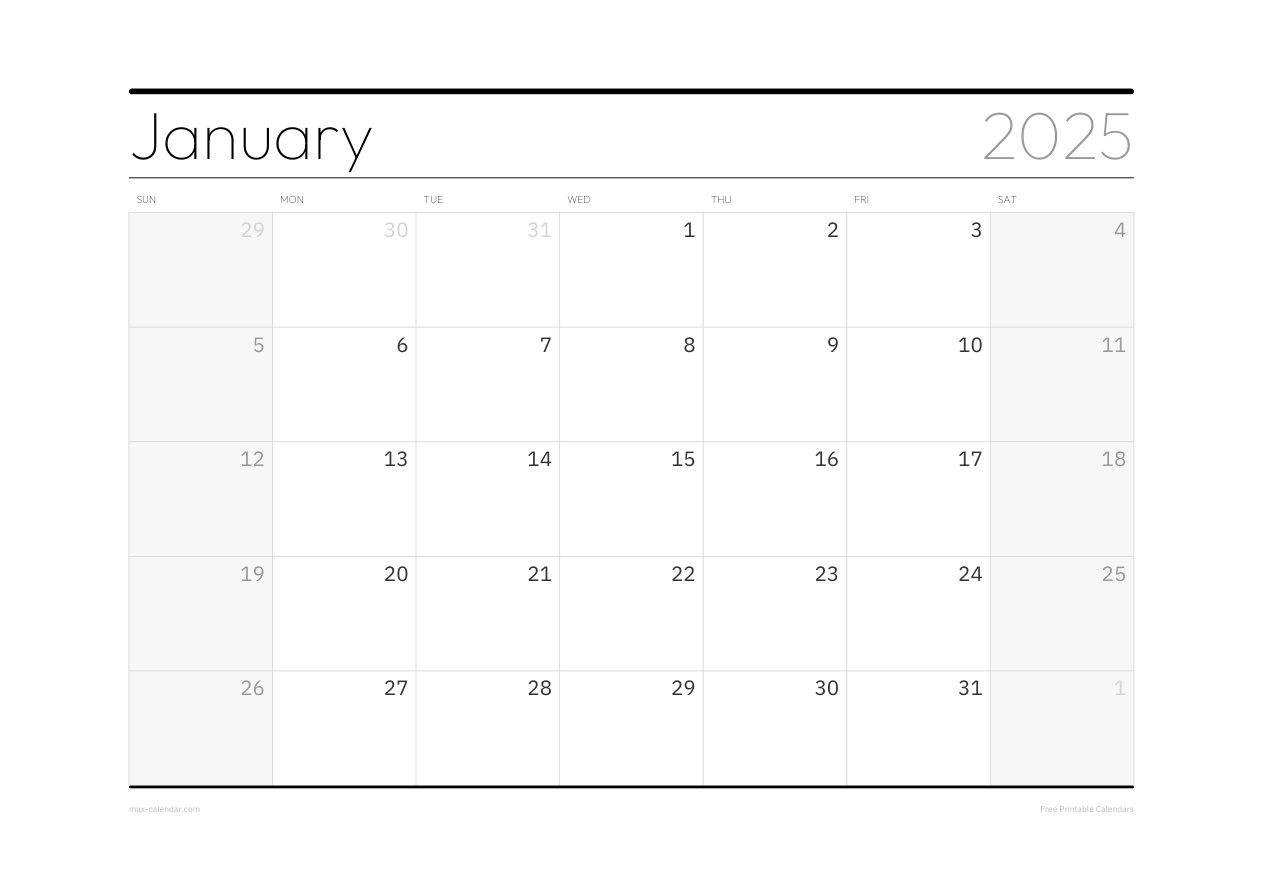 January 2025 blank calendar — landscape, week starts Sunday