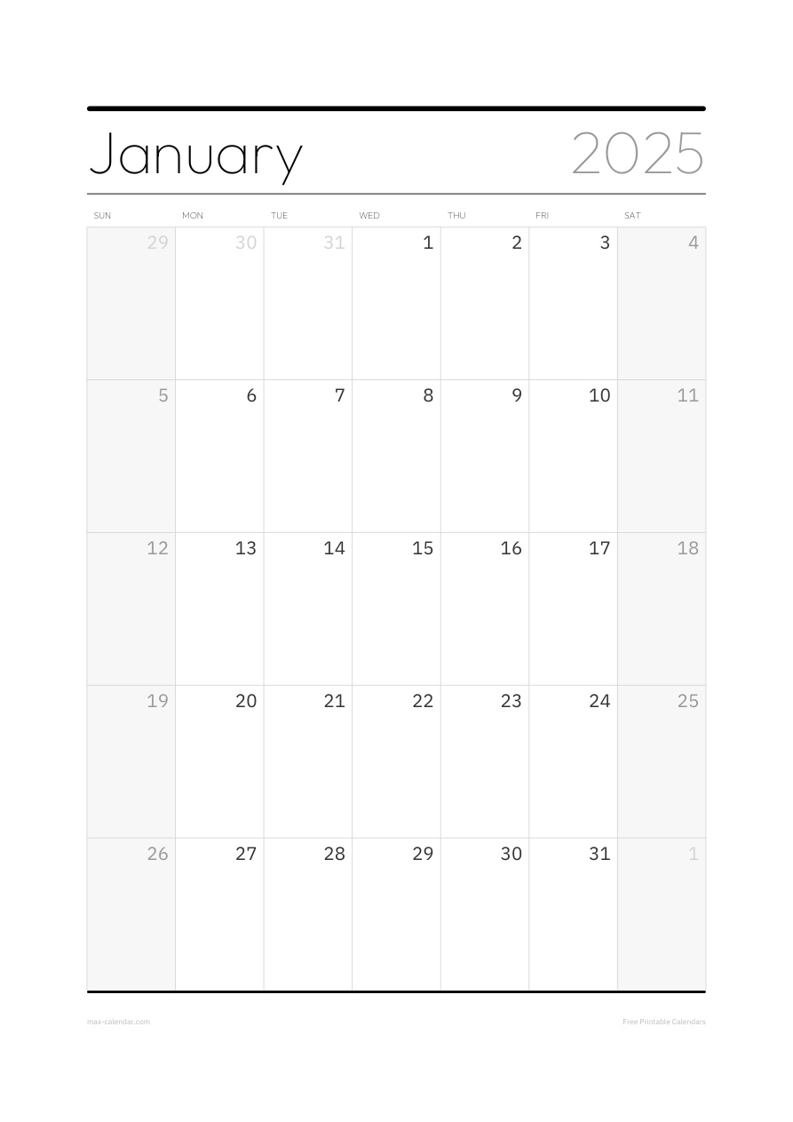 January 2025 blank calendar — portrait, week starts Sunday