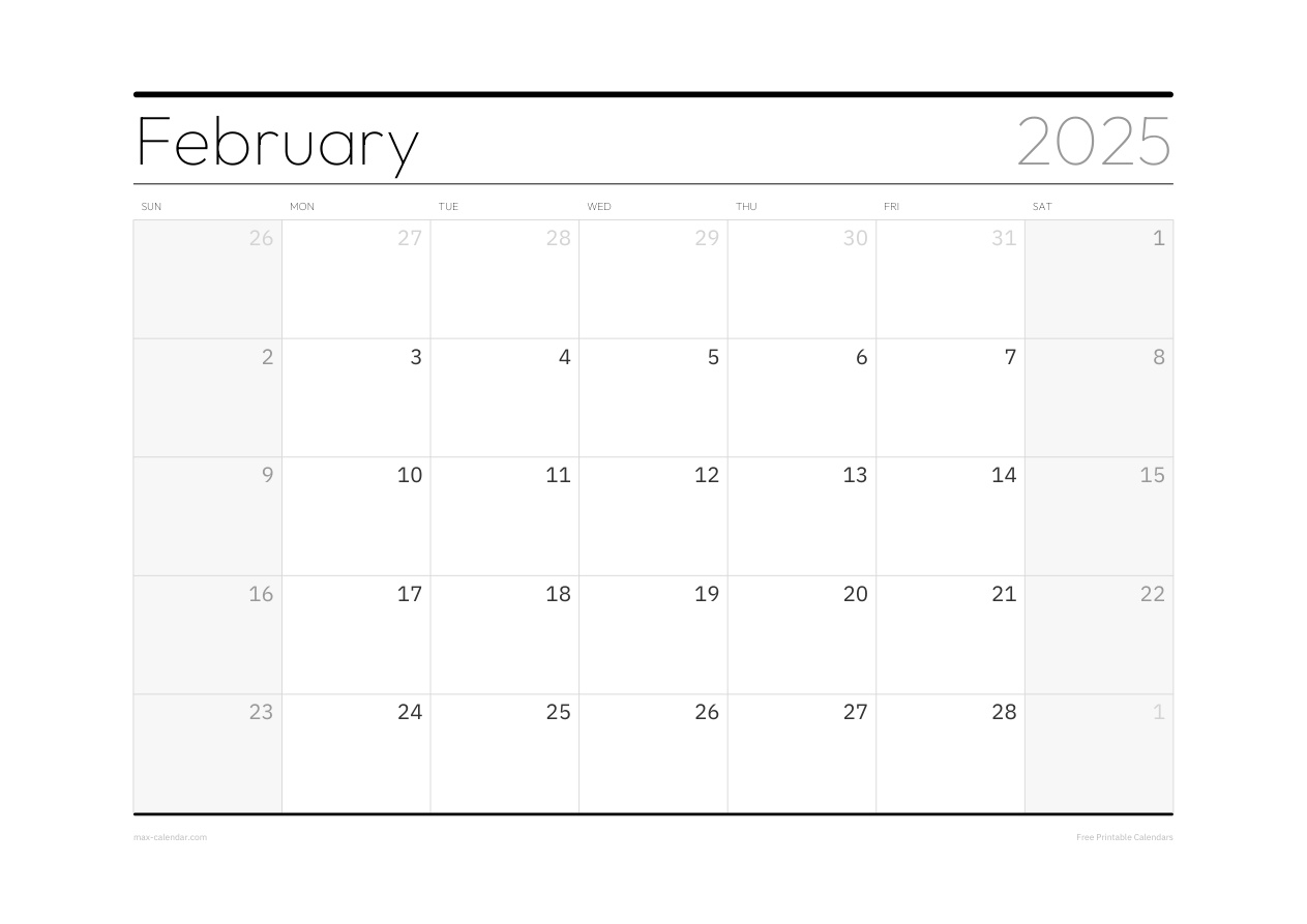 February 2025 blank calendar — landscape, week starts Sunday