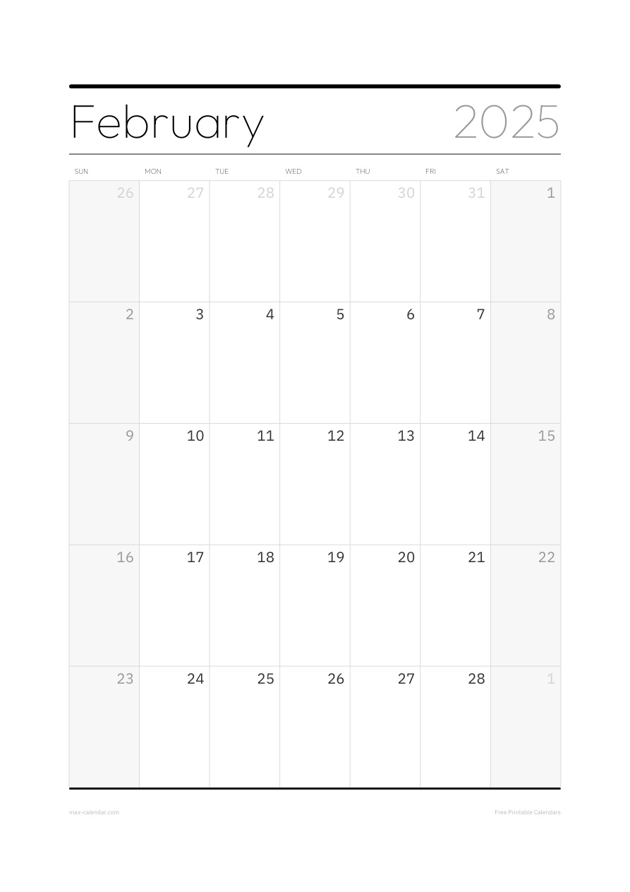 February 2025 blank calendar — portrait, week starts Sunday