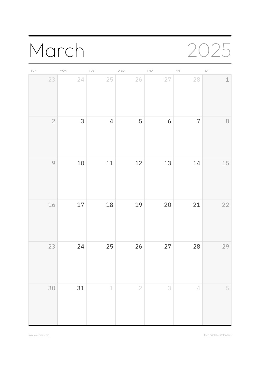 March 2025 blank calendar — portrait, week starts Sunday