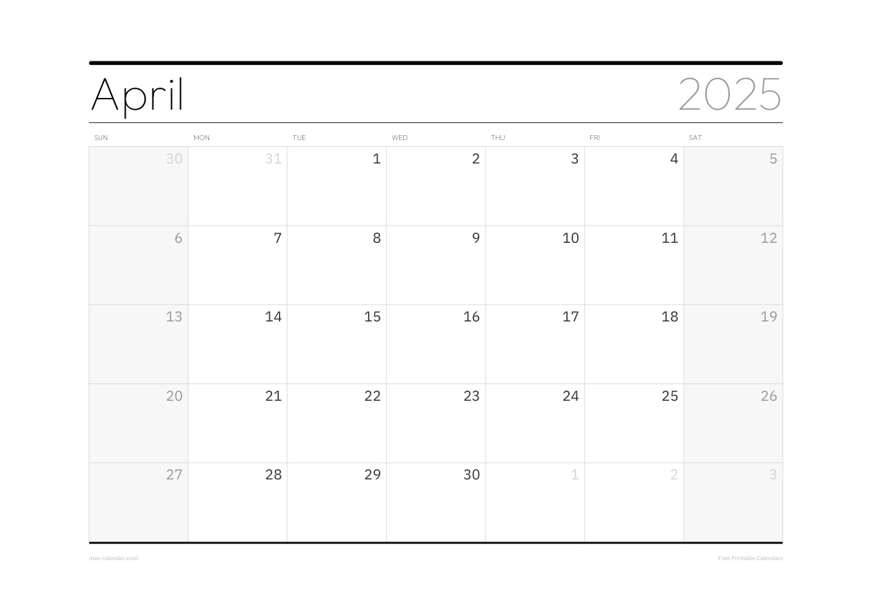 April 2025 blank calendar — landscape, week starts Sunday