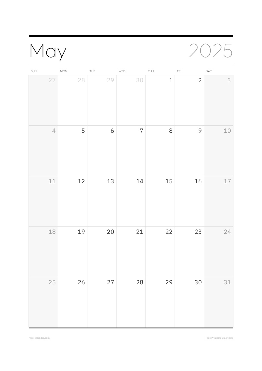 May 2025 blank calendar — portrait, week starts Sunday
