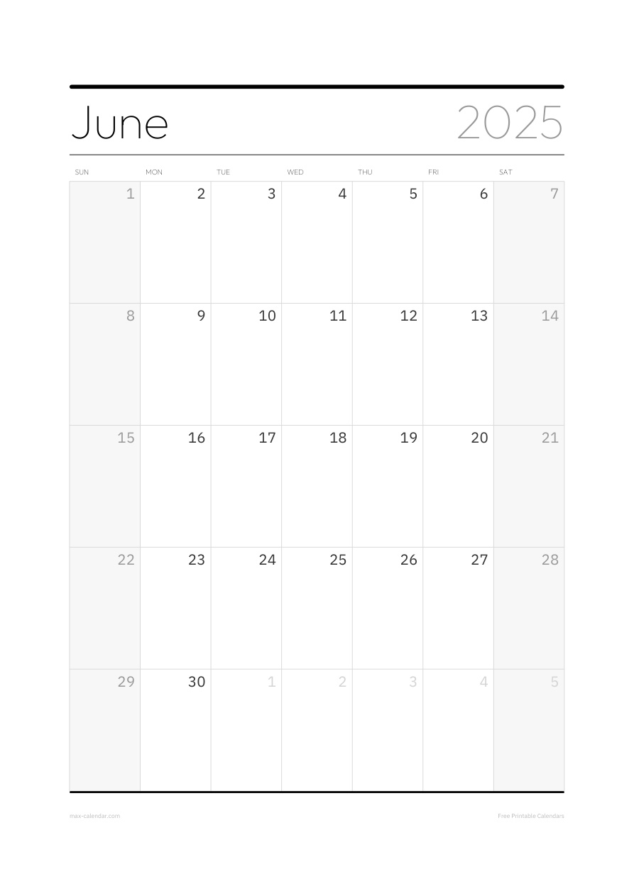June 2025 blank calendar — portrait, week starts Sunday