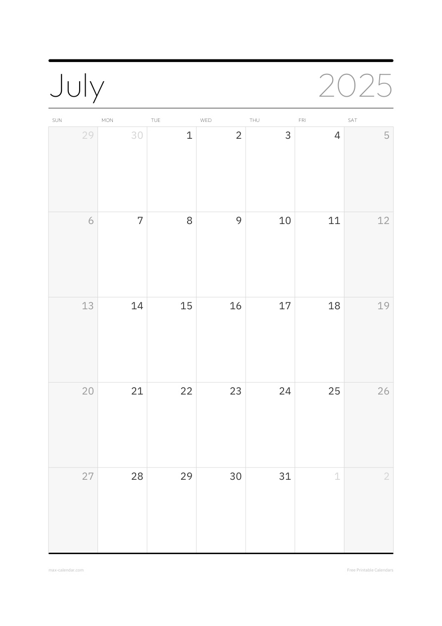 July 2025 blank calendar — portrait, week starts Sunday