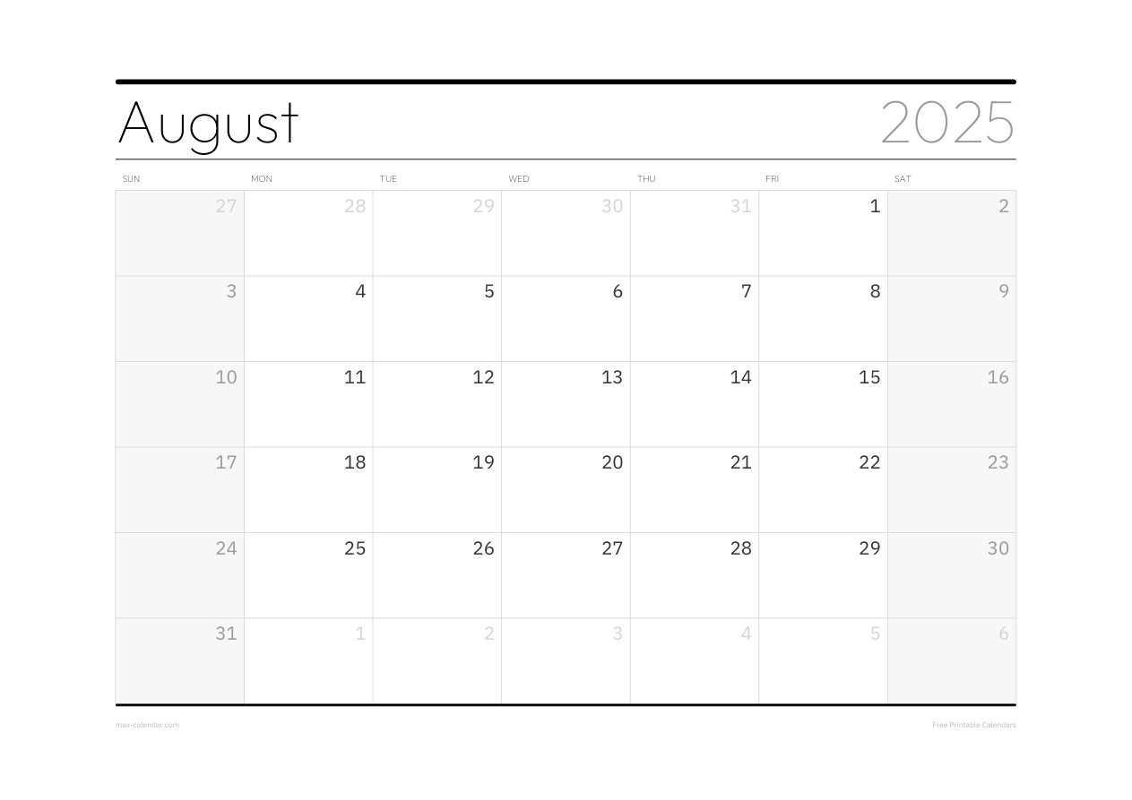 August 2025 blank calendar — landscape, week starts Sunday