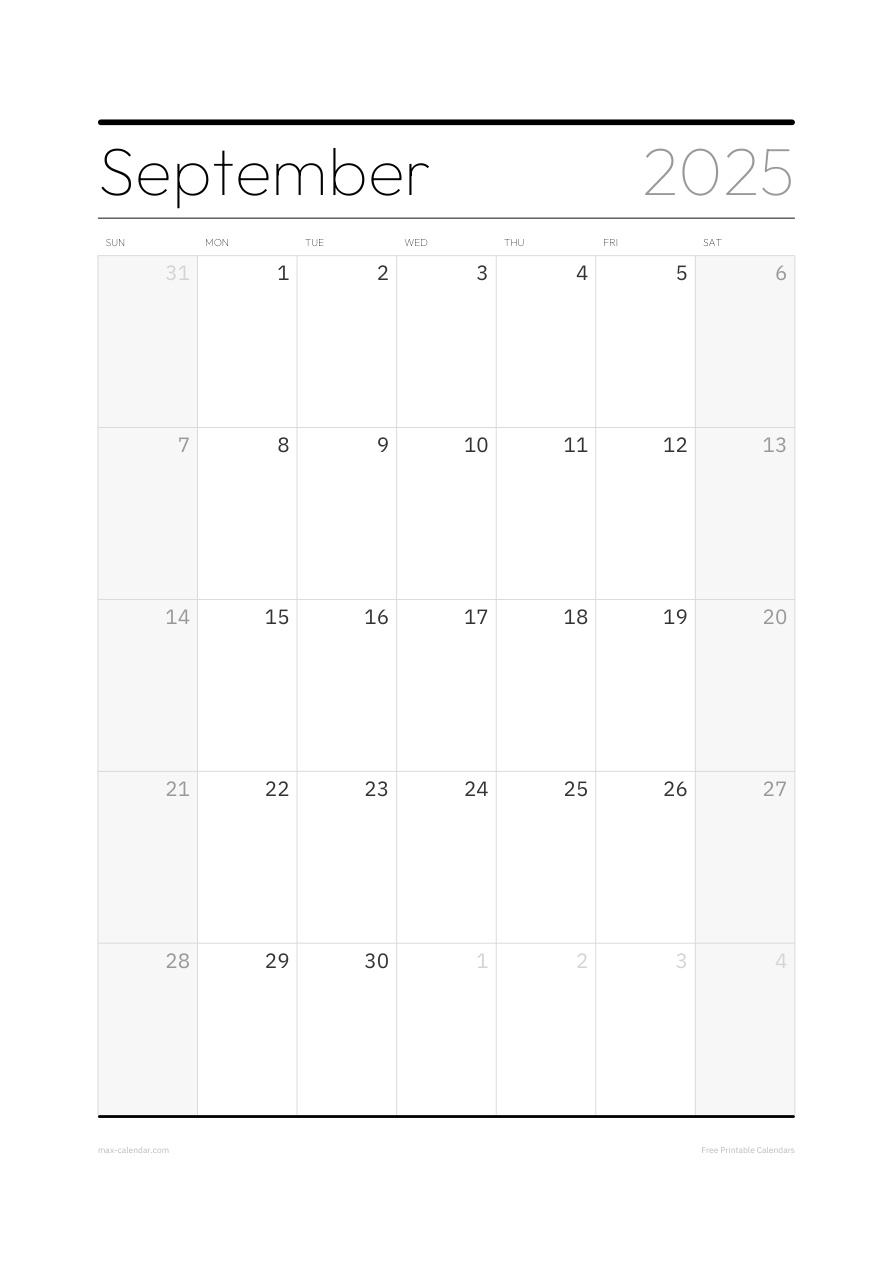 September 2025 blank calendar — portrait, week starts Sunday
