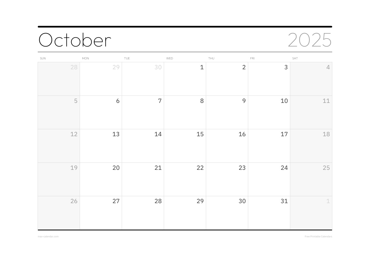 October 2025 blank calendar — landscape, week starts Sunday