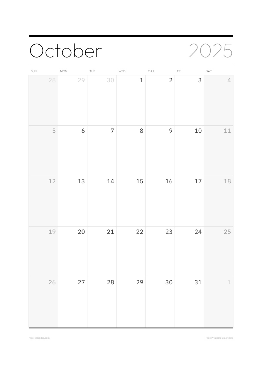 October 2025 blank calendar — portrait, week starts Sunday