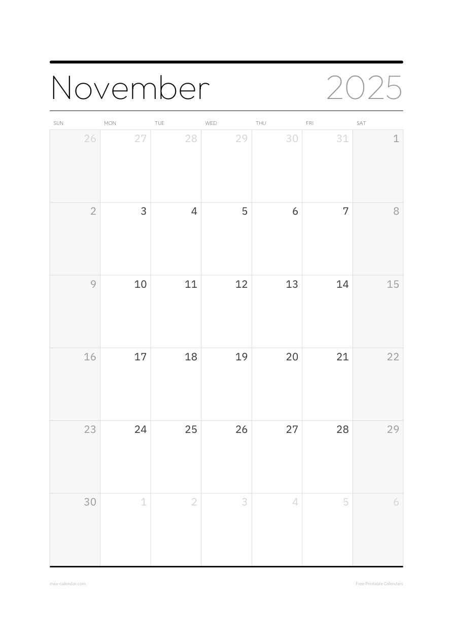November 2025 blank calendar — portrait, week starts Sunday