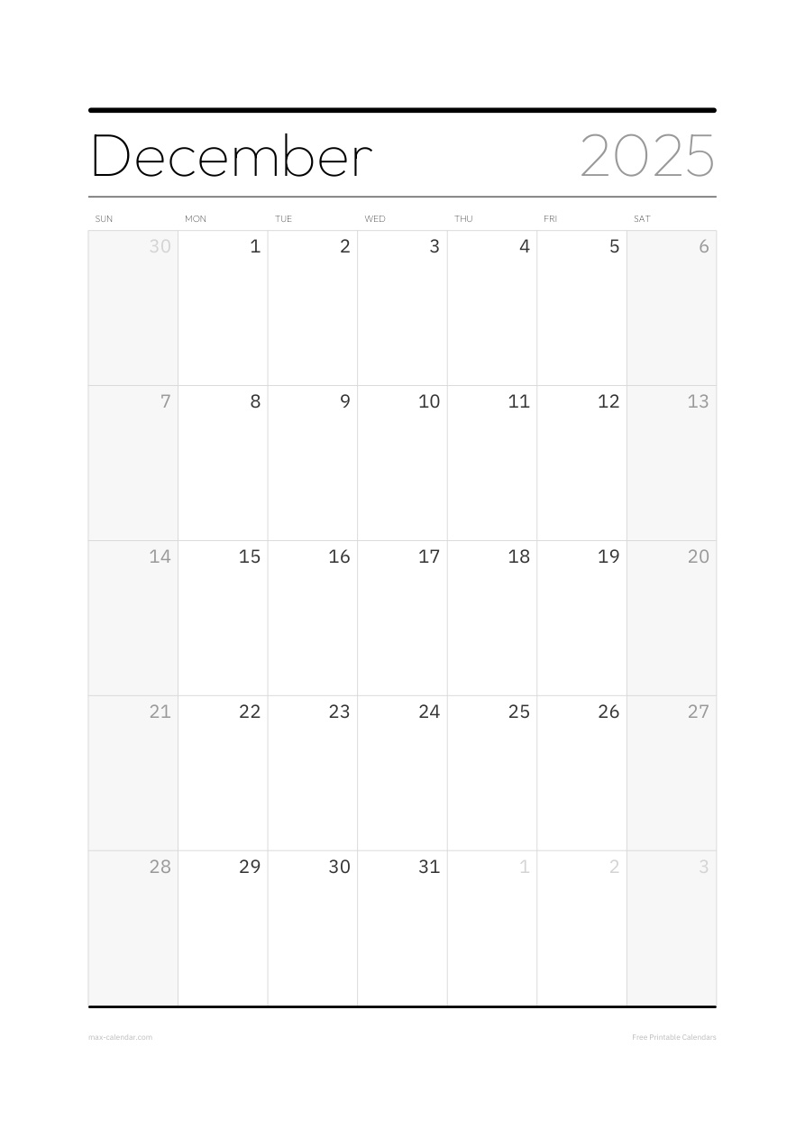 December 2025 blank calendar — portrait, week starts Sunday