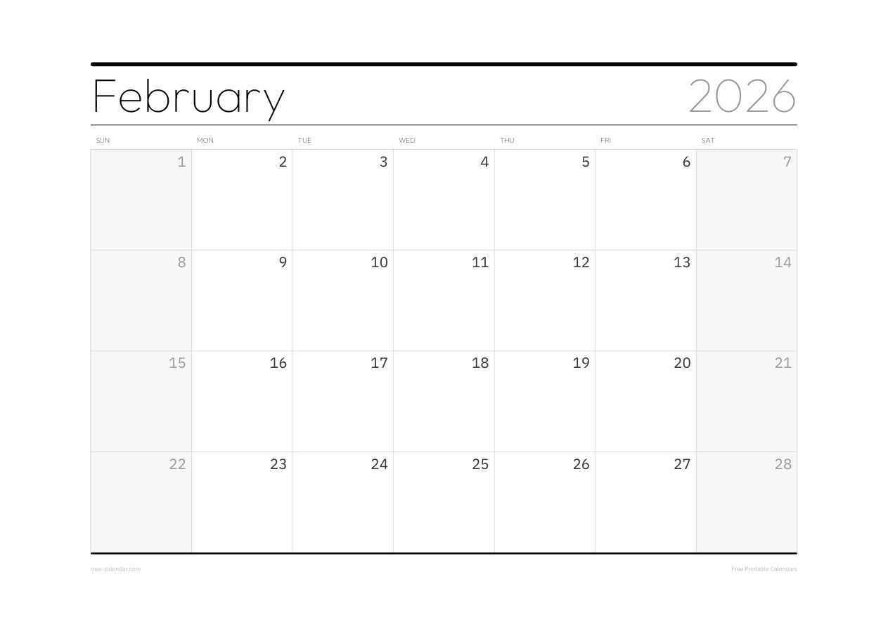 February 2026 blank calendar — landscape, week starts Sunday