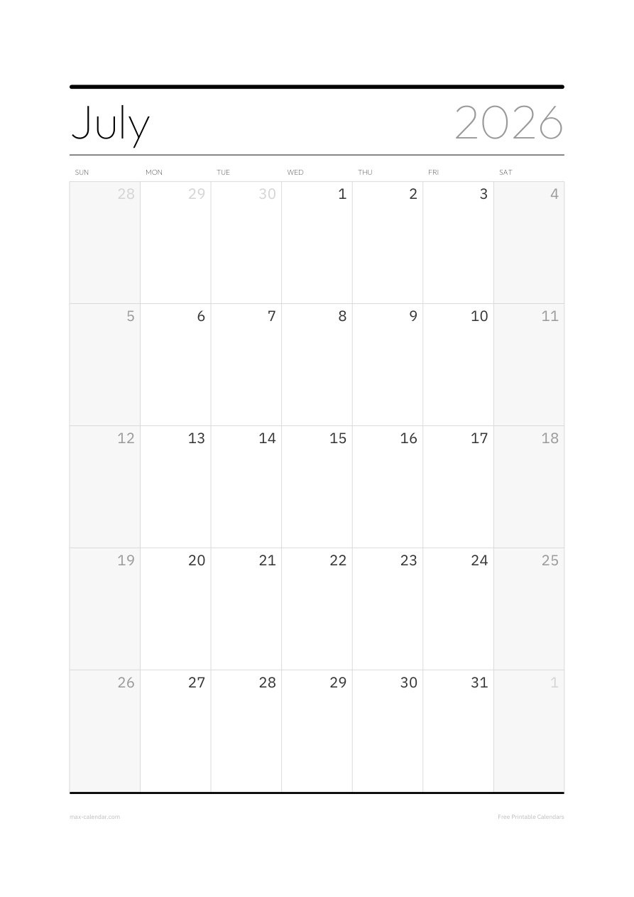 July 2026 blank calendar — portrait, week starts Sunday