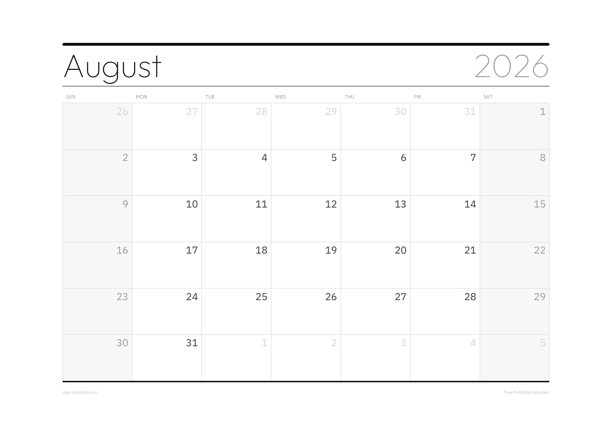 August 2026 blank calendar — landscape, week starts Sunday