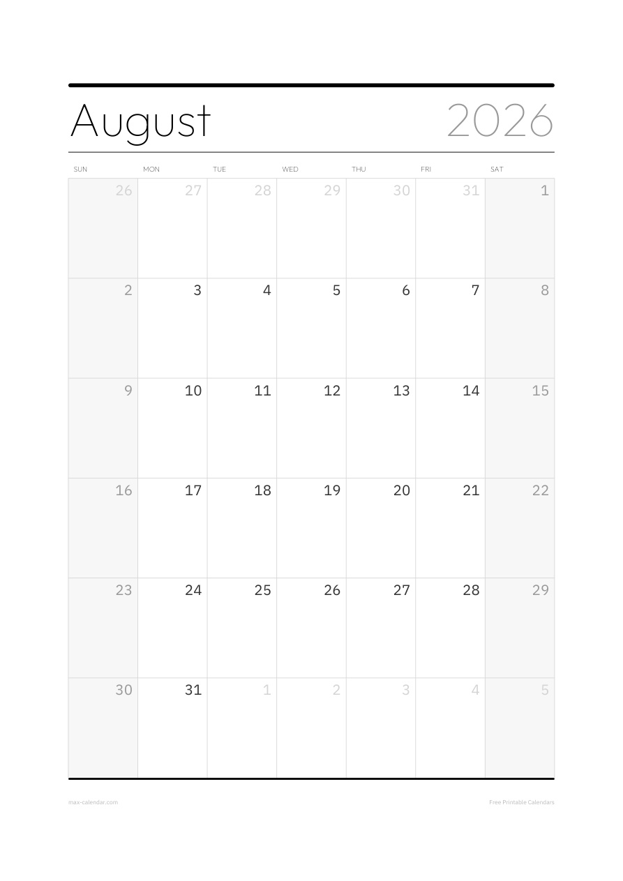 August 2026 blank calendar — portrait, week starts Sunday