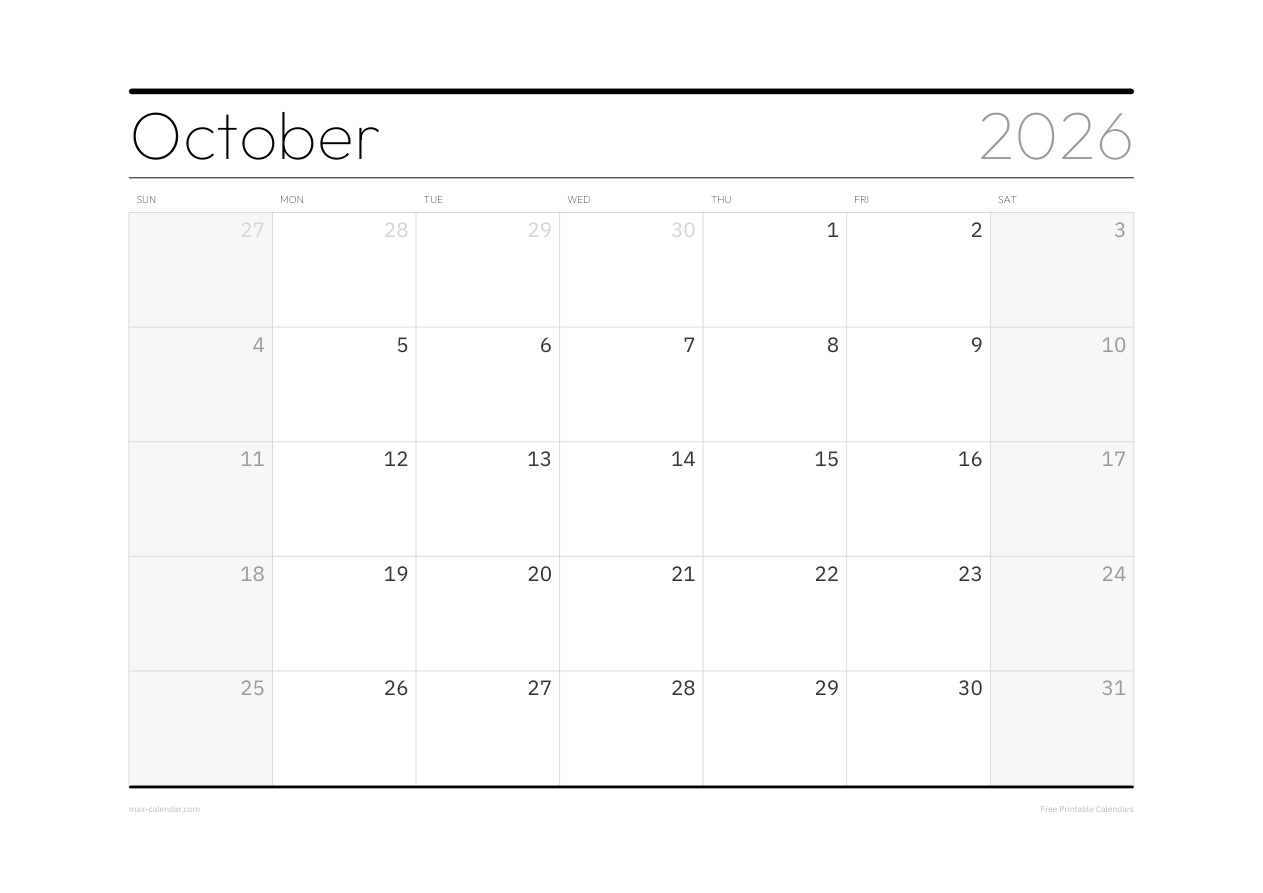 October 2026 blank calendar — landscape, week starts Sunday