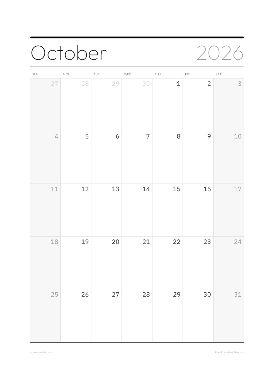 October 2026 blank calendar — portrait, week starts Sunday