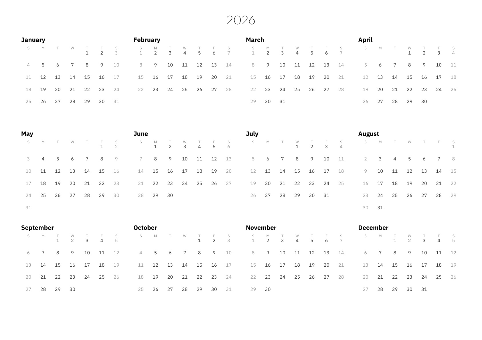 2026 calendar — year overview + 12 months, week starts Sunday