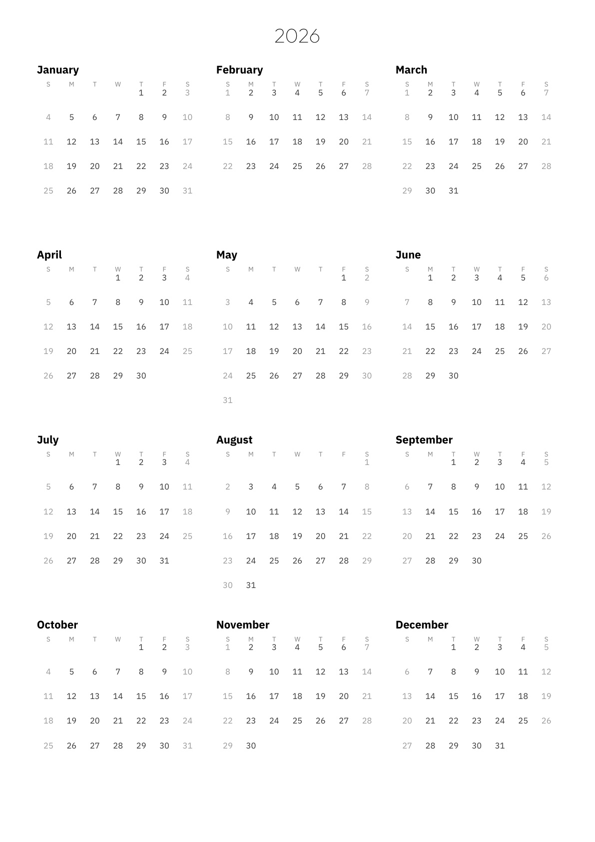 2026 calendar — year overview + 12 months portrait, week starts Sunday