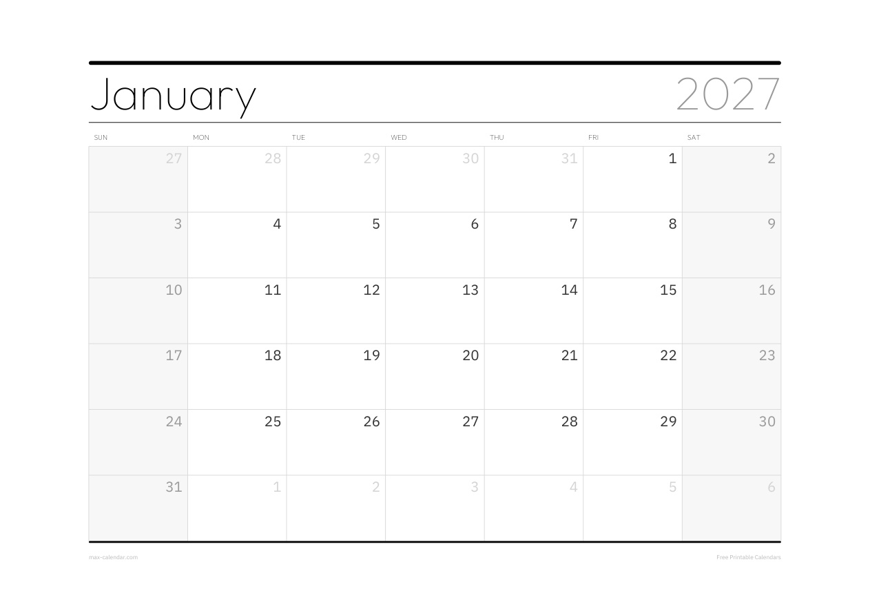 January 2027 blank calendar — landscape, week starts Sunday