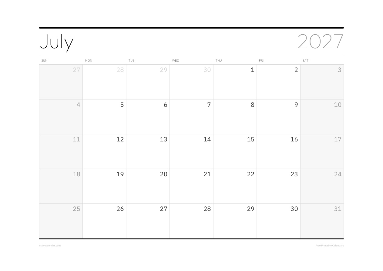 July 2027 blank calendar — landscape, week starts Sunday