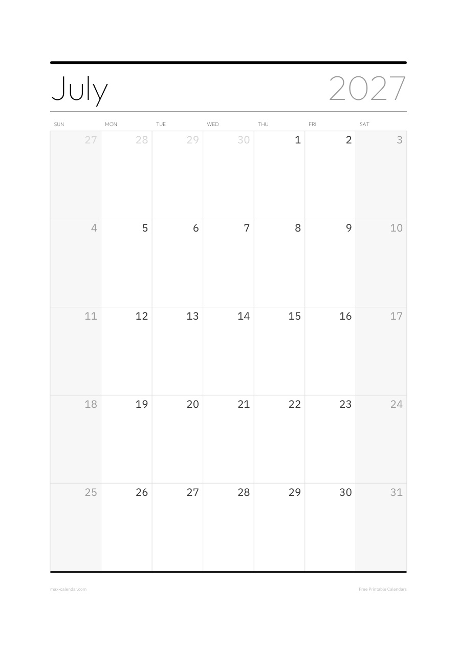 July 2027 blank calendar — portrait, week starts Sunday