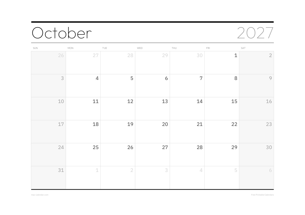 October 2027 blank calendar — landscape, week starts Sunday