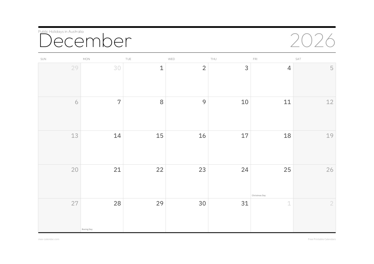 Australia December 2026 holiday calendar — landscape, week starts Sunday