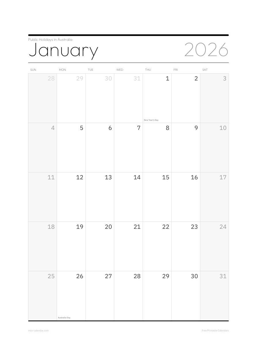 Australia January 2026 holiday calendar — portrait, week starts Sunday