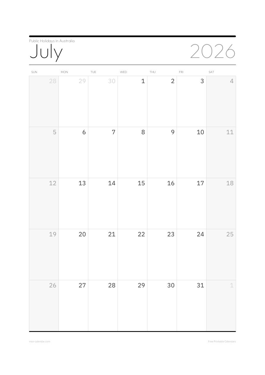 Australia July 2026 holiday calendar — portrait, week starts Sunday