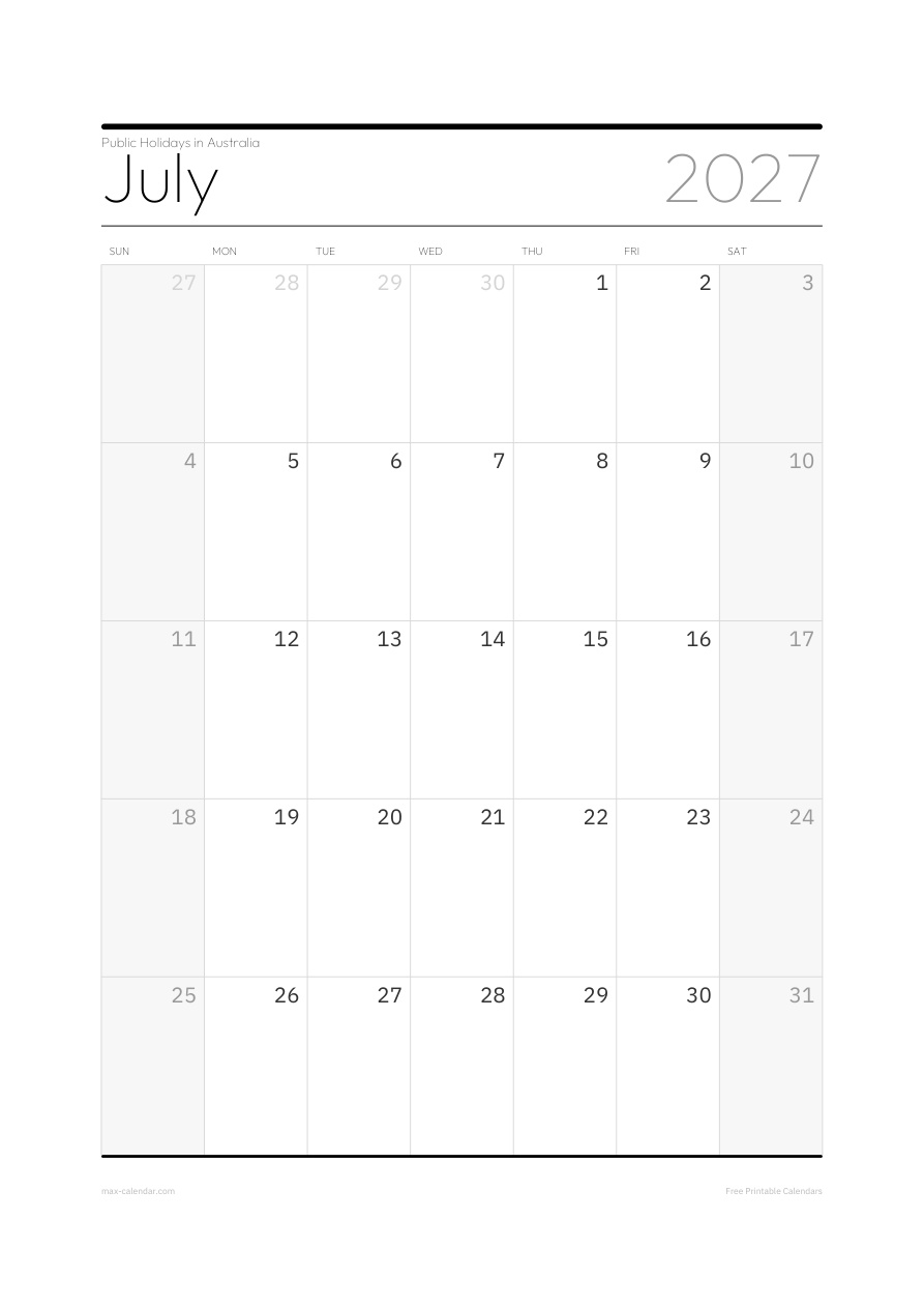 Australia July 2027 holiday calendar — portrait, week starts Sunday