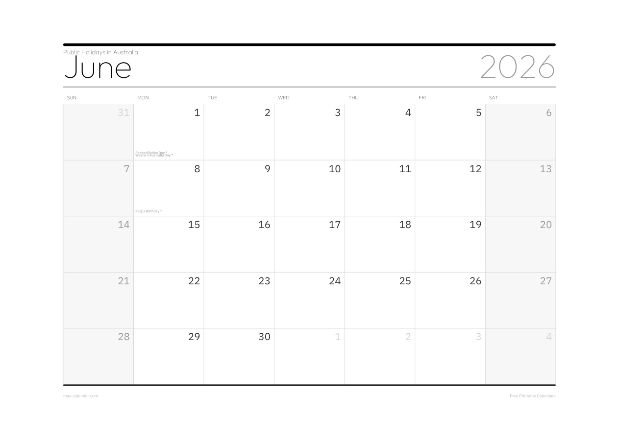 Australia June 2026 holiday calendar — landscape, week starts Sunday