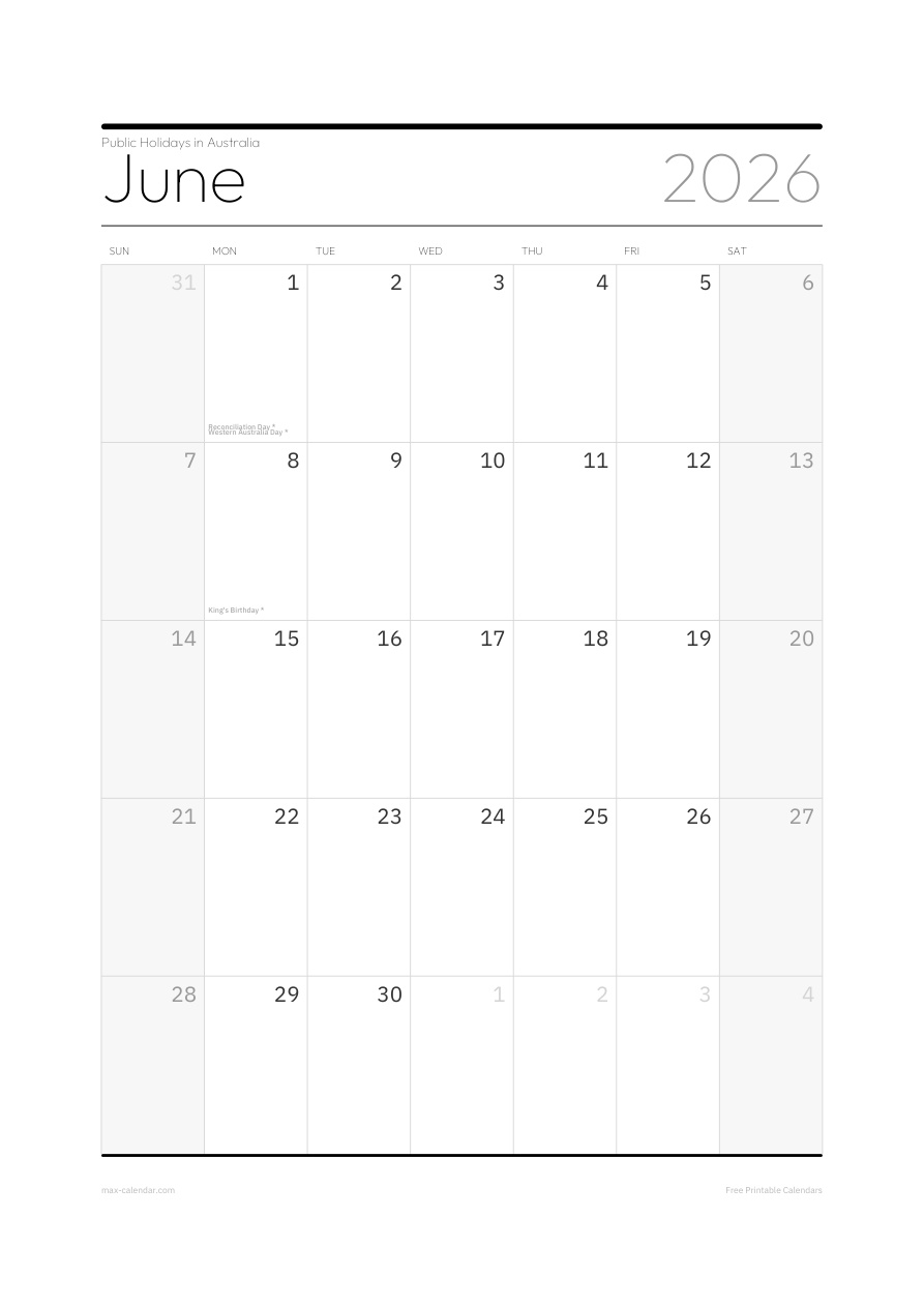 Australia June 2026 holiday calendar — portrait, week starts Sunday