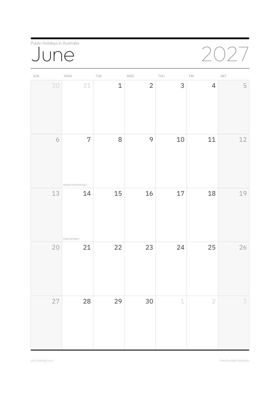 Australia June 2027 holiday calendar — portrait, week starts Sunday