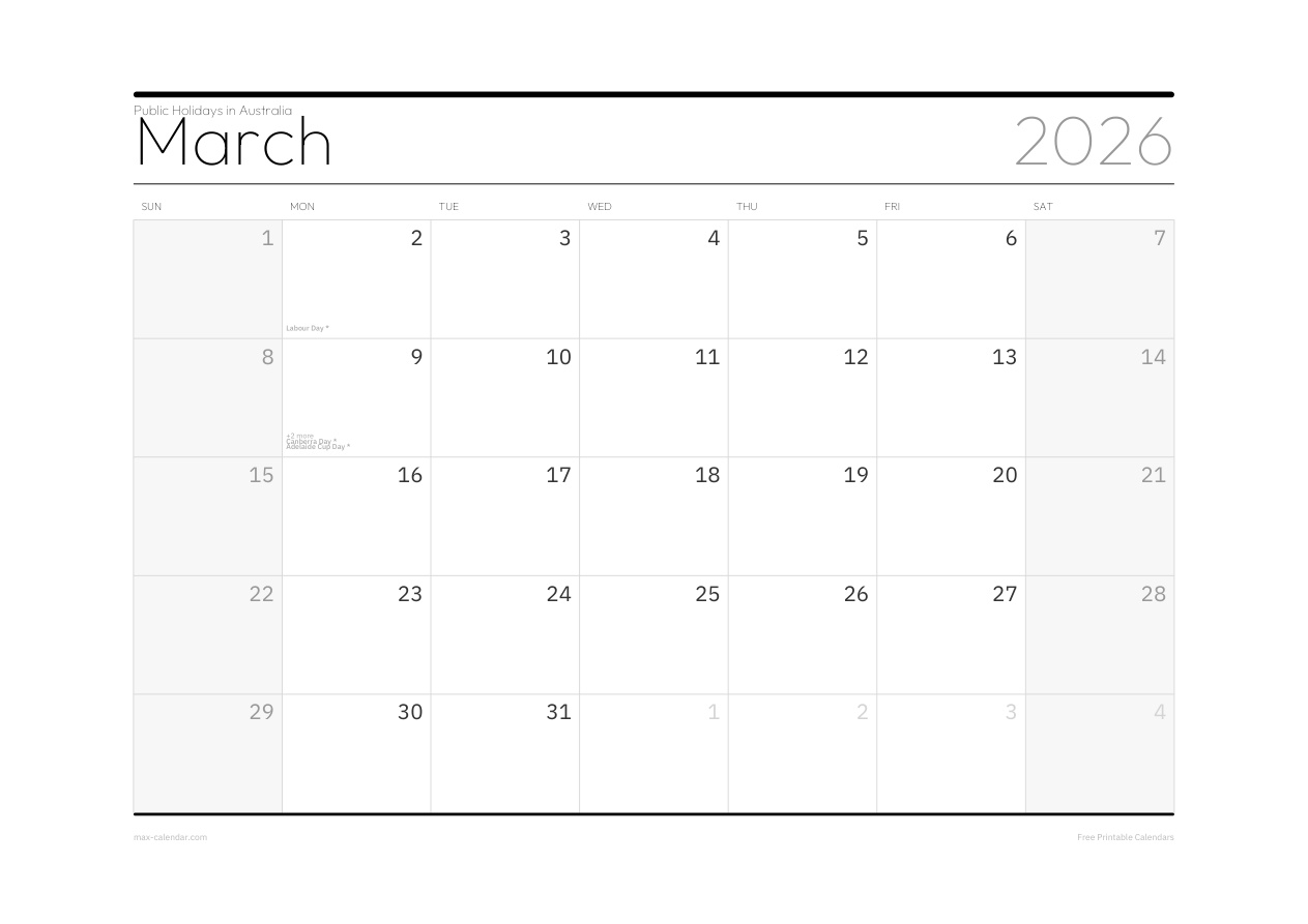 Australia March 2026 holiday calendar — landscape, week starts Sunday