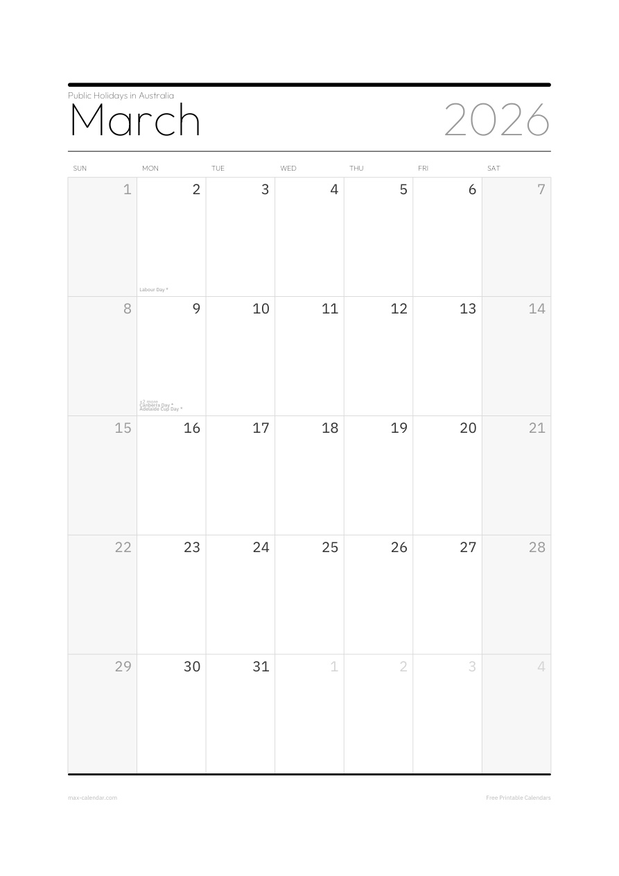 Australia March 2026 holiday calendar — portrait, week starts Sunday