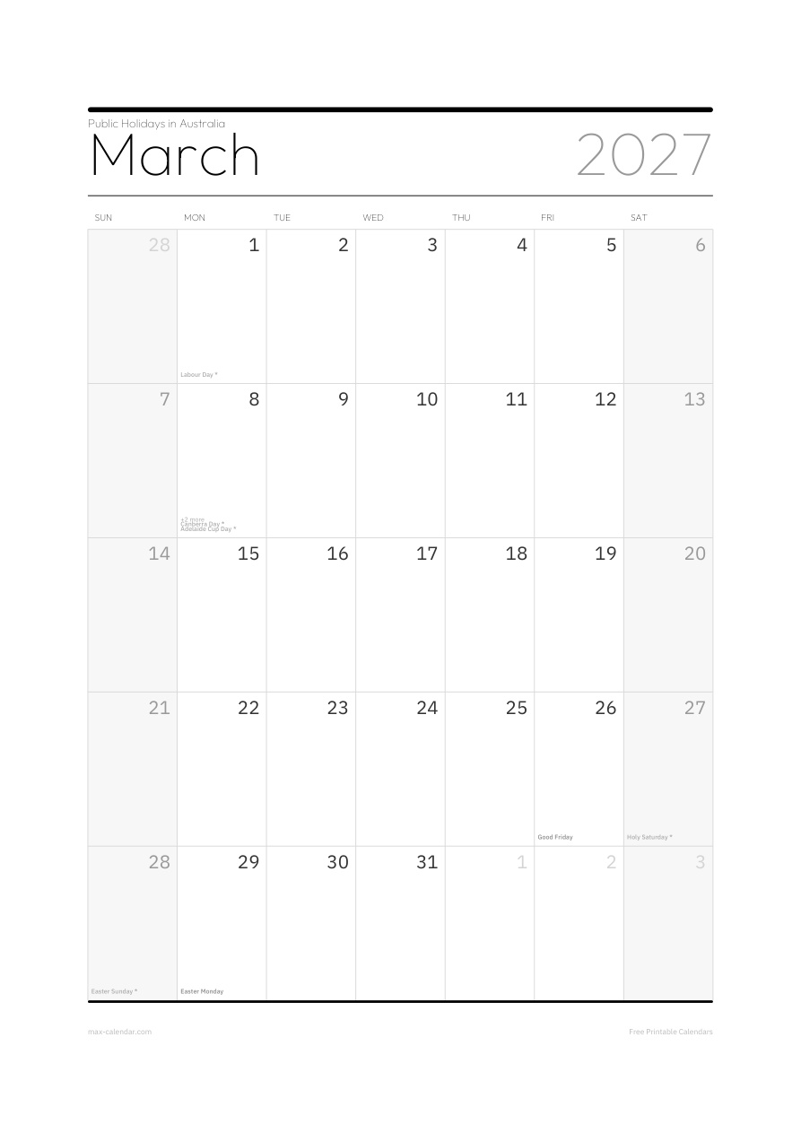 Australia March 2027 holiday calendar — portrait, week starts Sunday
