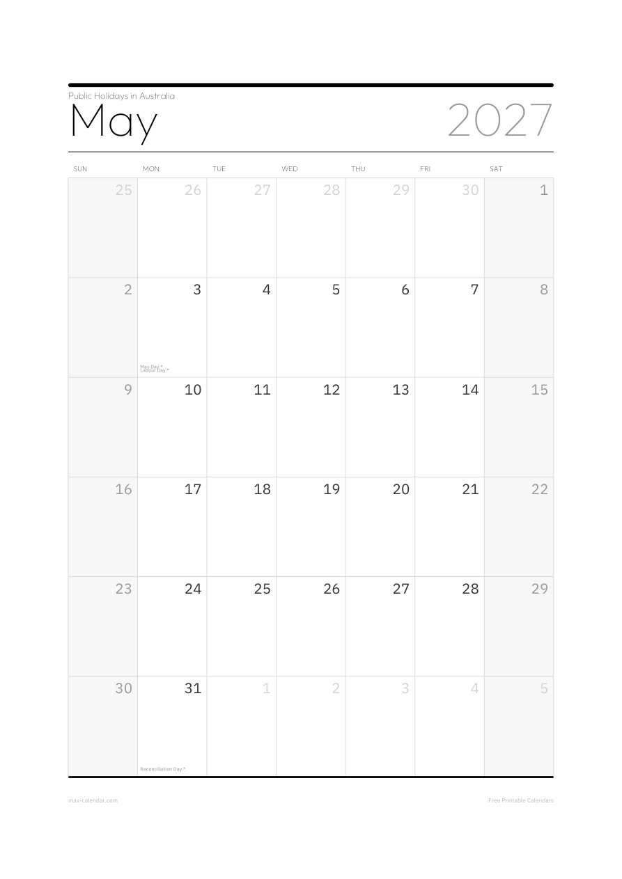 Australia May 2027 holiday calendar — portrait, week starts Sunday