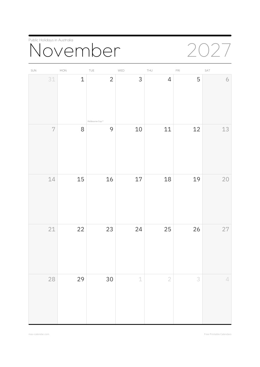 Australia November 2027 holiday calendar — portrait, week starts Sunday
