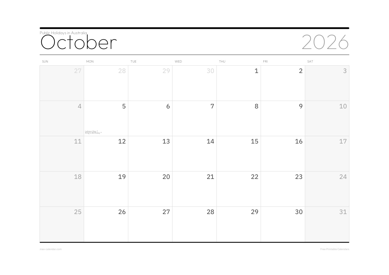 Australia October 2026 holiday calendar — landscape, week starts Sunday