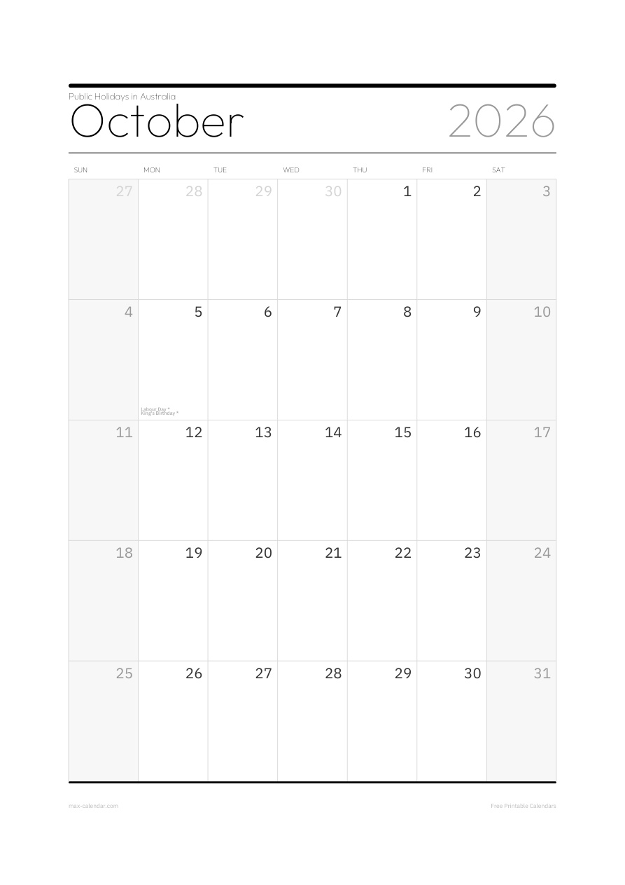Australia October 2026 holiday calendar — portrait, week starts Sunday