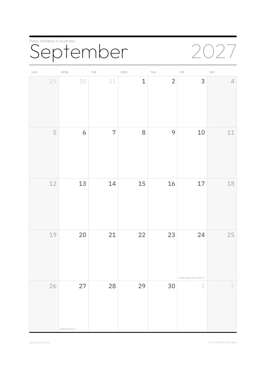 Australia September 2027 holiday calendar — portrait, week starts Sunday