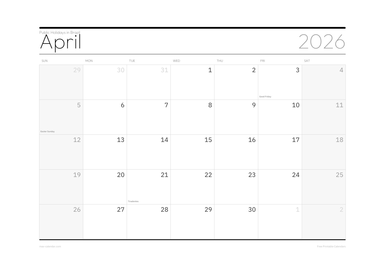 Brazil April 2026 holiday calendar — landscape, week starts Sunday