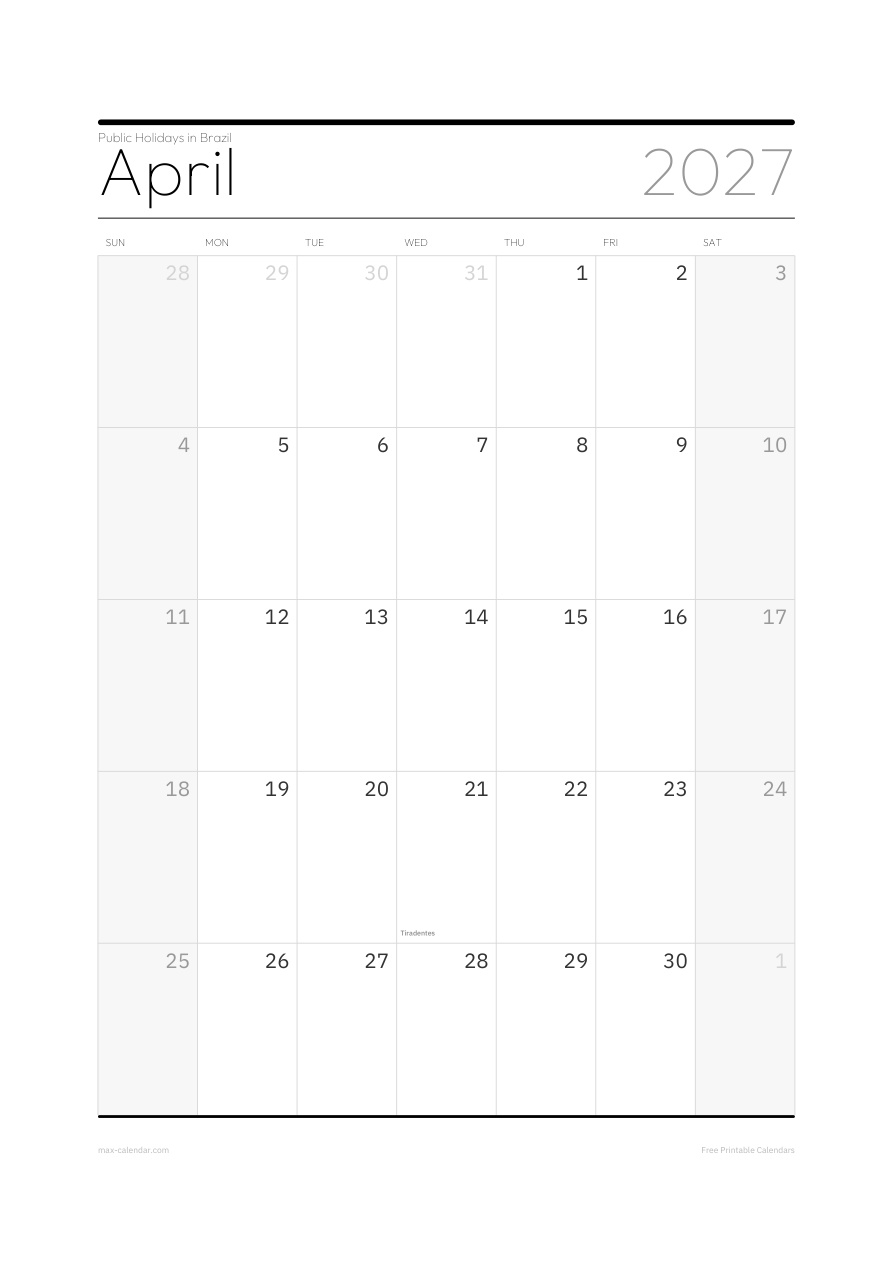 Brazil April 2027 holiday calendar — portrait, week starts Sunday