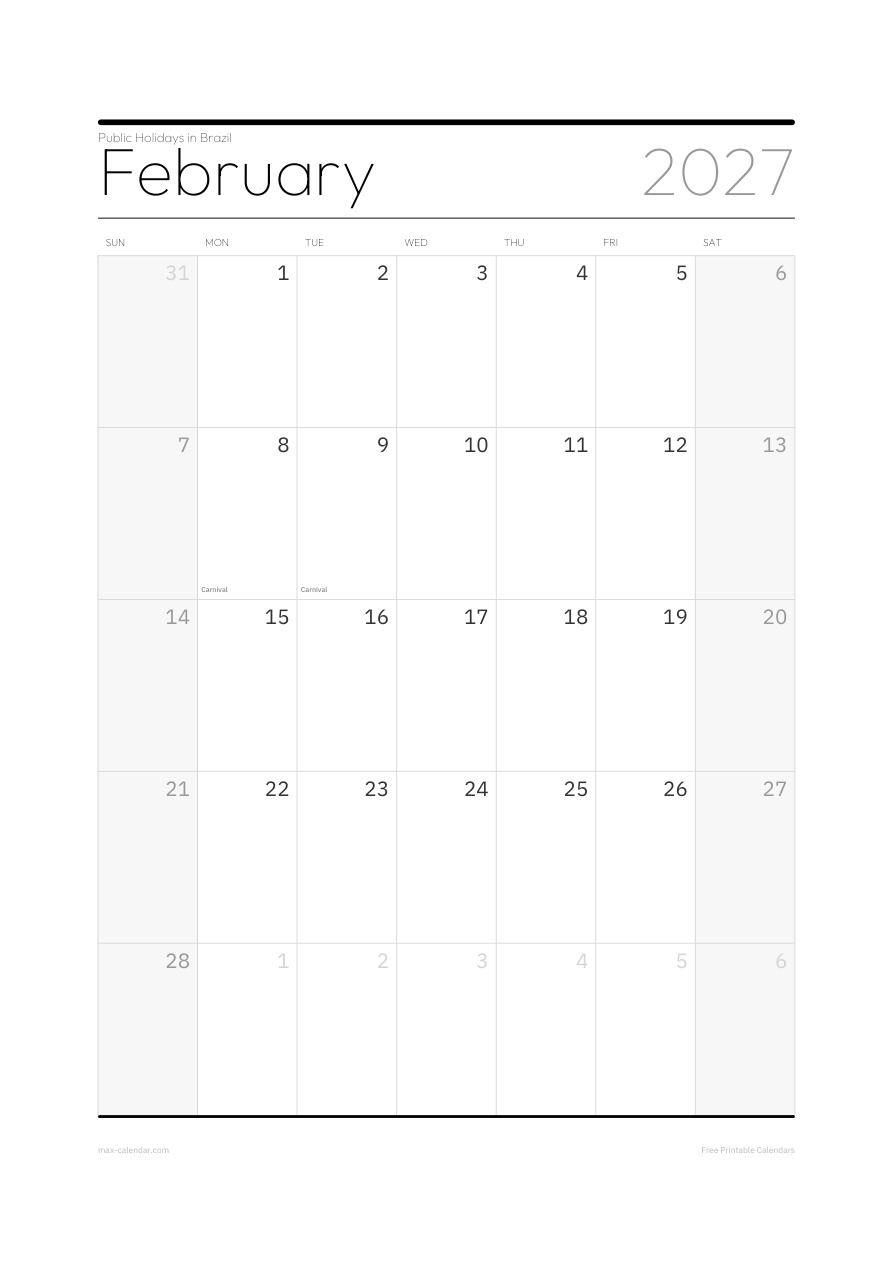 Brazil February 2027 holiday calendar — portrait, week starts Sunday