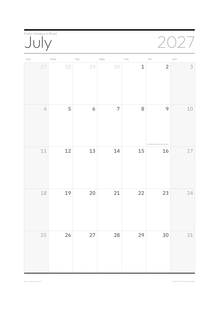 Brazil July 2027 holiday calendar — portrait, week starts Sunday