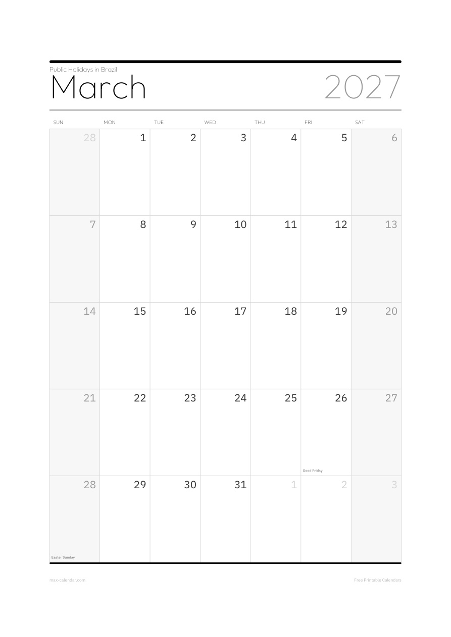 Brazil March 2027 holiday calendar — portrait, week starts Sunday
