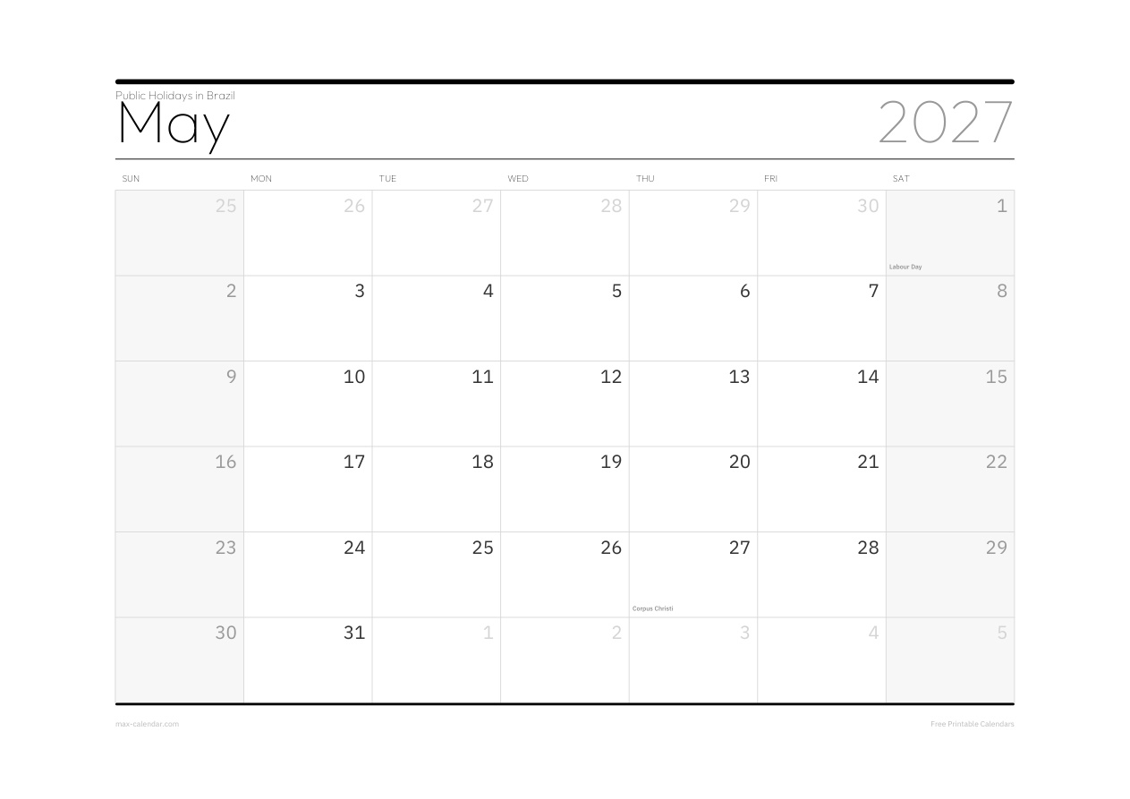 Brazil May 2027 holiday calendar — landscape, week starts Sunday