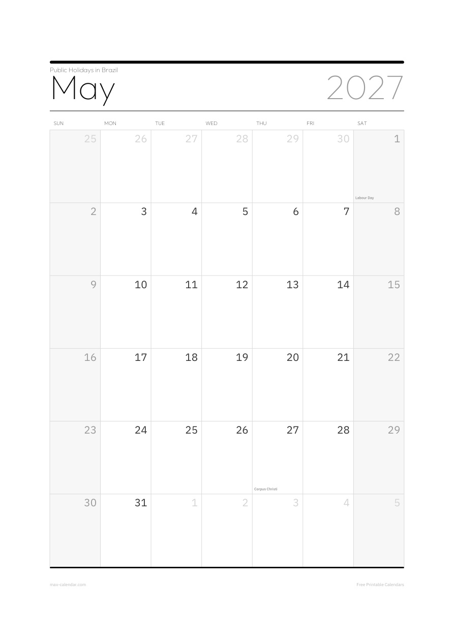 Brazil May 2027 holiday calendar — portrait, week starts Sunday