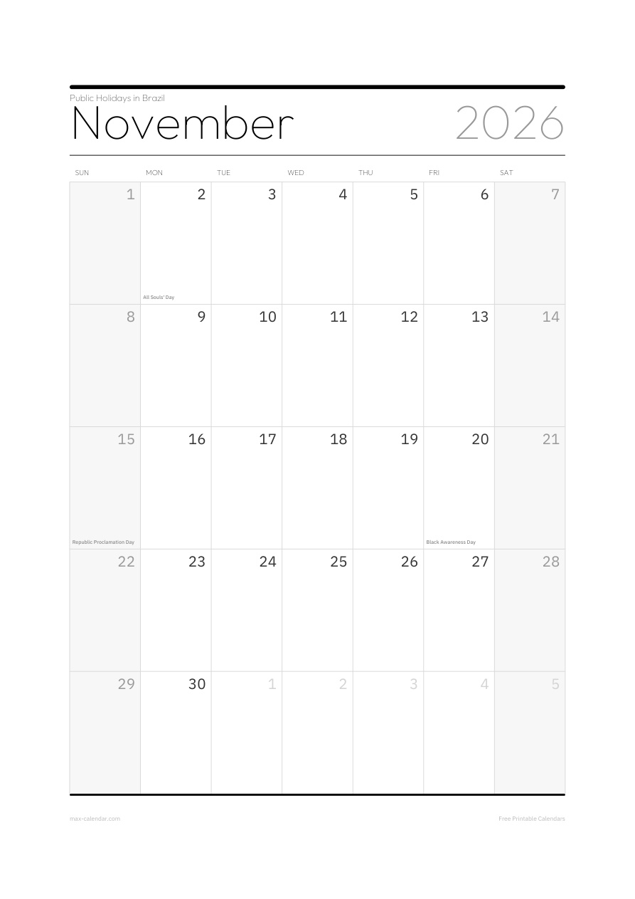 Brazil November 2026 holiday calendar — portrait, week starts Sunday